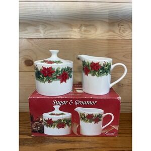 Vintage Christmas Poinsettia Sugar And Creamer Set China Pearl HK Co.